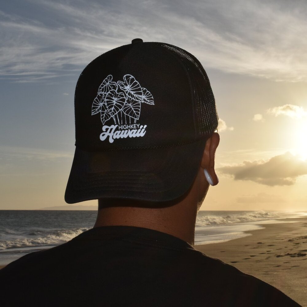 Highkey Hawaii Trucker Hat in Black and White